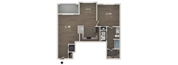 A floor plan of a home with a kitchen, living room, and bathroom.