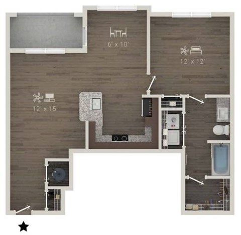 A floor plan of a home with a kitchen, living room, and bathroom.