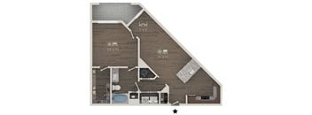 A floor plan of a house with a kitchen, living room, and bathroom.