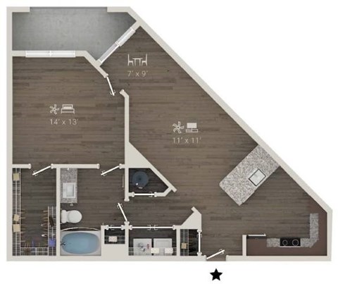 A floor plan of a house with a kitchen, living room, and bathroom.