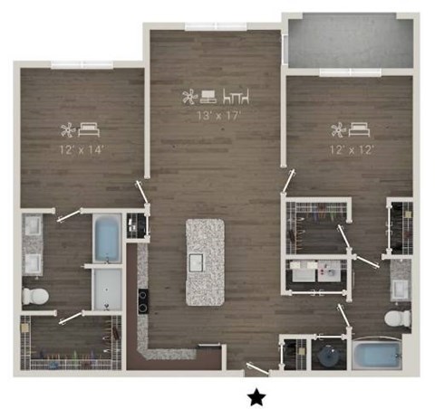 A floor plan of a house with a kitchen, living room, and bathroom.