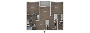 A floor plan of an apartment with a kitchen, living room, and bathroom.