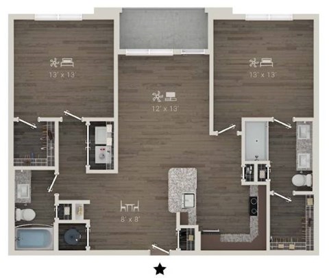A floor plan of an apartment with a kitchen, living room, and bathroom.