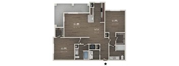 A floor plan of a house with a kitchen, living room, and bathroom.
