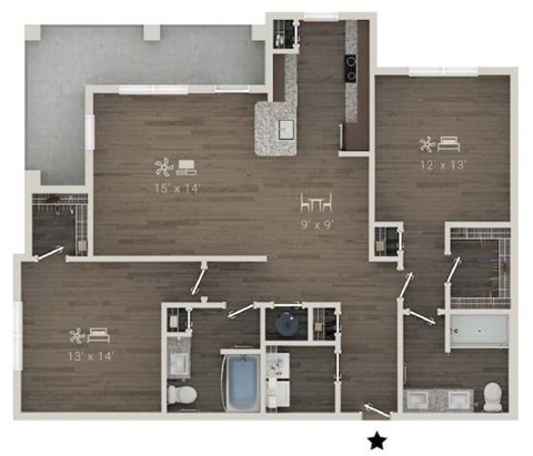 A floor plan of a house with a kitchen, living room, and bathroom.