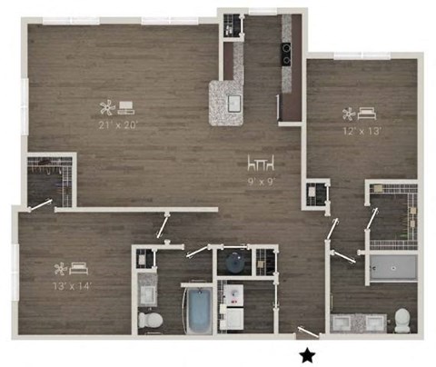 A floor plan of a house with a kitchen, living room, and bathroom.