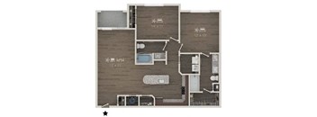 A floor plan of a small apartment with a kitchen, living room, and bathroom.