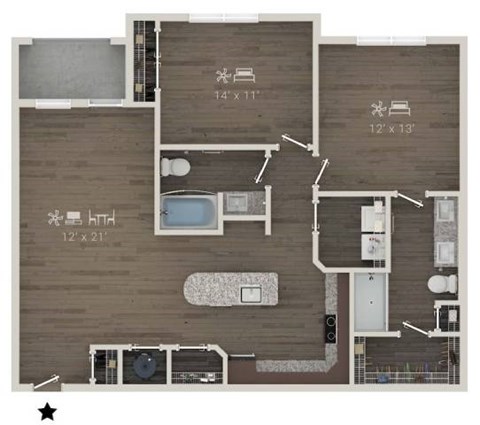 A floor plan of a small apartment with a kitchen, living room, and bathroom.