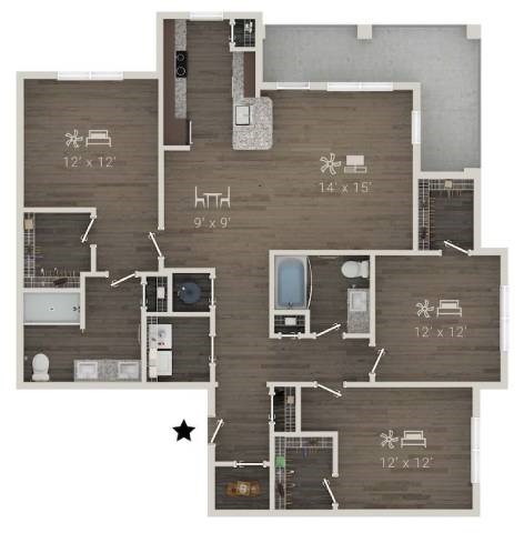 A floor plan of a house with a kitchen, living room, and two bedrooms.