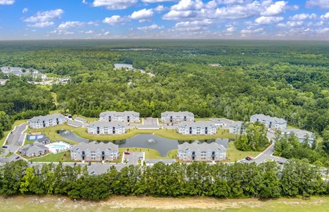 A bird's eye view of a residential area with houses and a swimming pool.