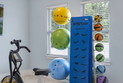 A blue SmartMat with exercise balls and a stationary bike in a room.