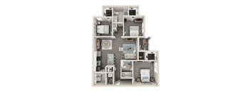 A dollhouse with a white background and a variety of furniture and decorations.