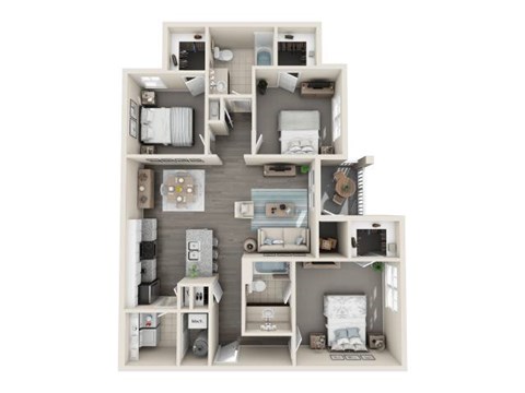 A dollhouse with a white background and a variety of furniture and decorations.