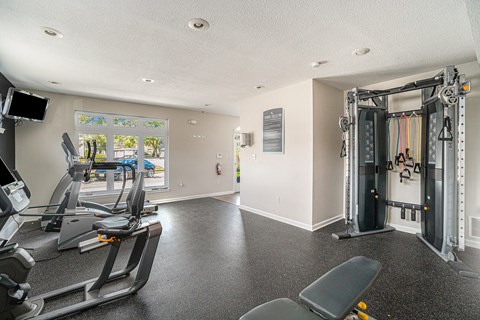 A gym with a treadmill, exercise bike, and weightlifting equipment.