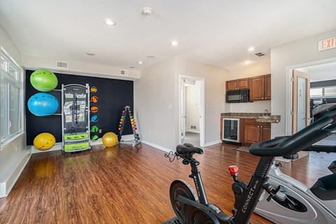 A room with a stationary bike and exercise balls.