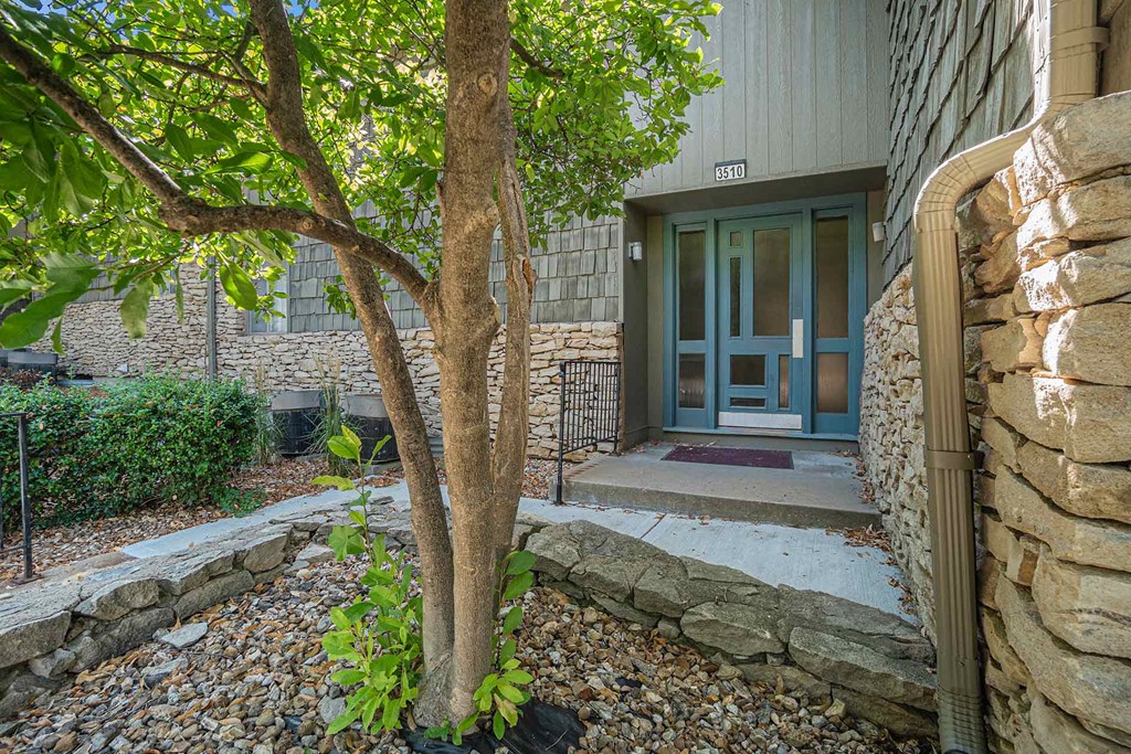 A tree in front of a building with a blue door.
