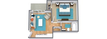 A top-down view of a room with a bed, couch, and a table.