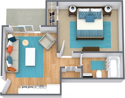 A top-down view of a room with a bed, couch, and a table.