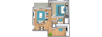 A floor plan of a house with a living room, kitchen, and two bedrooms.