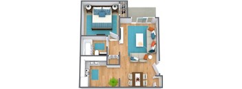 A floor plan of a house with a living room, dining room, kitchen, and two bedrooms.