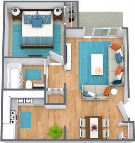 A floor plan of a house with a living room, dining room, kitchen, and two bedrooms.