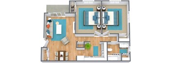 A top-down view of a house layout with a pool in the middle.