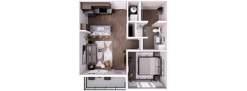 A series of images showing different layouts of a small apartment.