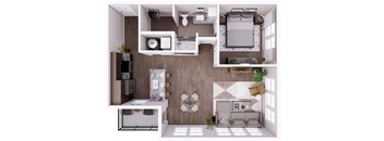A modern apartment layout with a kitchen, living room, and bathroom.