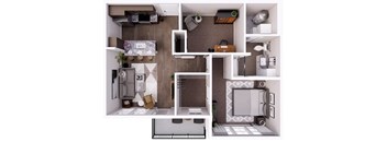 A top-down view of a small, modern apartment with a kitchen, living room, and bathroom.