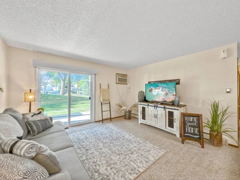 A living room with a grey sofa and a television on a cabinet.