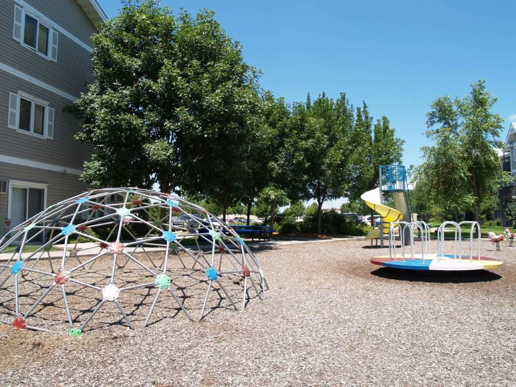 A playground with a large spider web structure and a slide.
