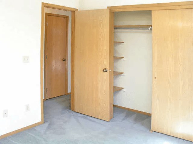 A room with a wooden door and a closet with shelves.