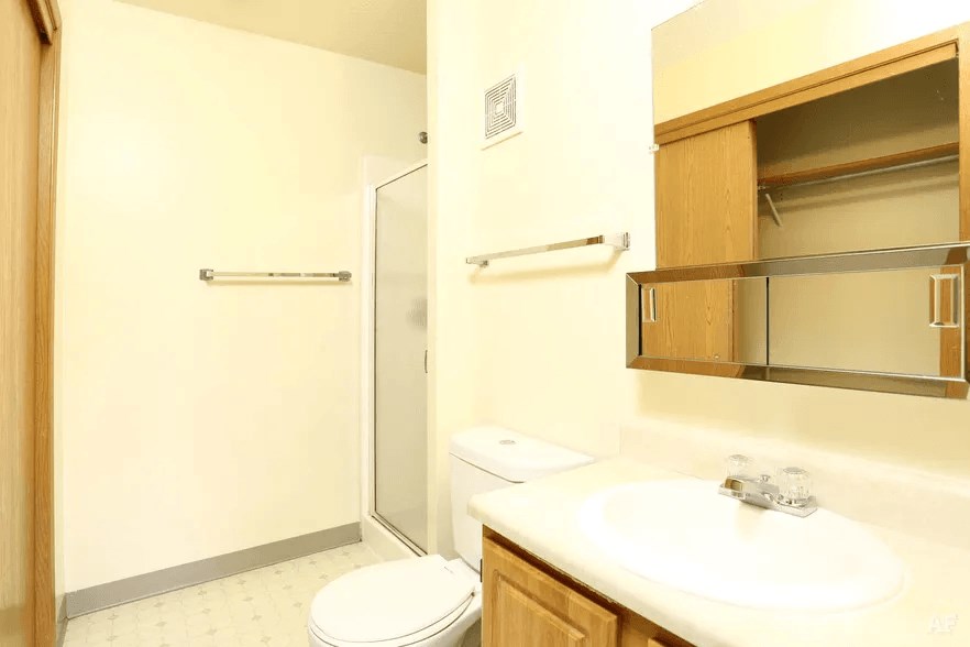 A bathroom with a toilet, sink, mirror and shower.