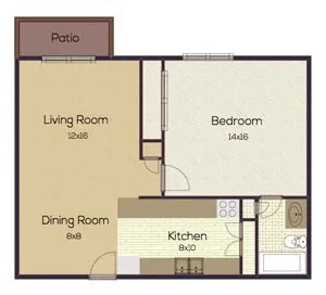 A floor plan of a house with a living room, dining room, kitchen, and bedroom.