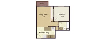 A floor plan of a house with a living room, bedroom, and kitchen/dining area.