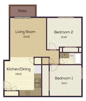 A floor plan of a house with a patio, living room, kitchen/dining area, and two bedrooms.