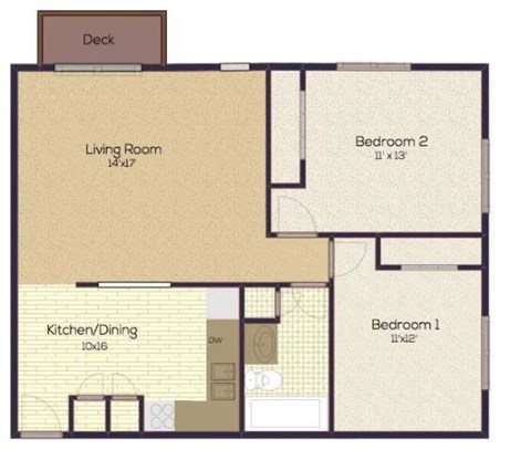 A floor plan of a house with a deck, two bedrooms, a living room, and a kitchen/dining area.