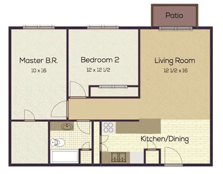 A floor plan of a house with a master bedroom, a second bedroom, a living room, a kitchen/dining area, and a patio.