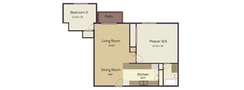 A floor plan of a house with a living room, dining room, kitchen, two bedrooms, and a patio.