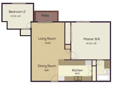 A floor plan of a house with a living room, dining room, kitchen, two bedrooms, and a patio.