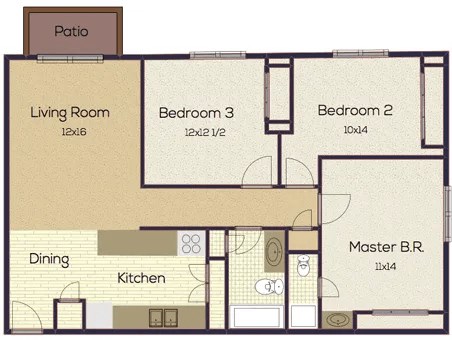 A floor plan of a house with a living room, two bedrooms, a dining area, a kitchen, and a patio.