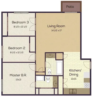 A floor plan of a house with a living room, two bedrooms, a kitchen/dining area, and a patio.