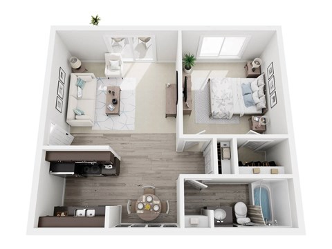 A top-down view of a small apartment with a kitchen, living room, and bedroom.