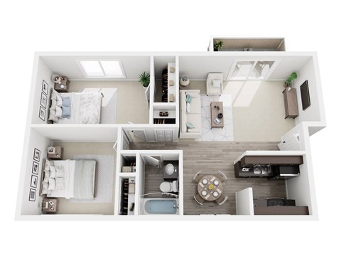A top-down view of a small apartment with a bedroom, living room, and kitchen.