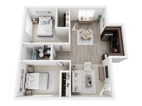 A top-down view of a small apartment with a bedroom, living room, kitchen, and bathroom.