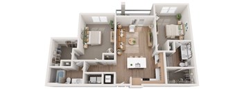 A top-down view of a modern apartment layout with a kitchen, living room, and bedrooms.