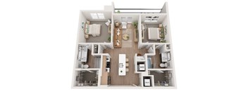 A 3D floor plan of a small apartment with a kitchen, living room, and bedroom.
