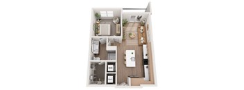 A top-down view of a small apartment with a kitchen, living room, and bathroom.