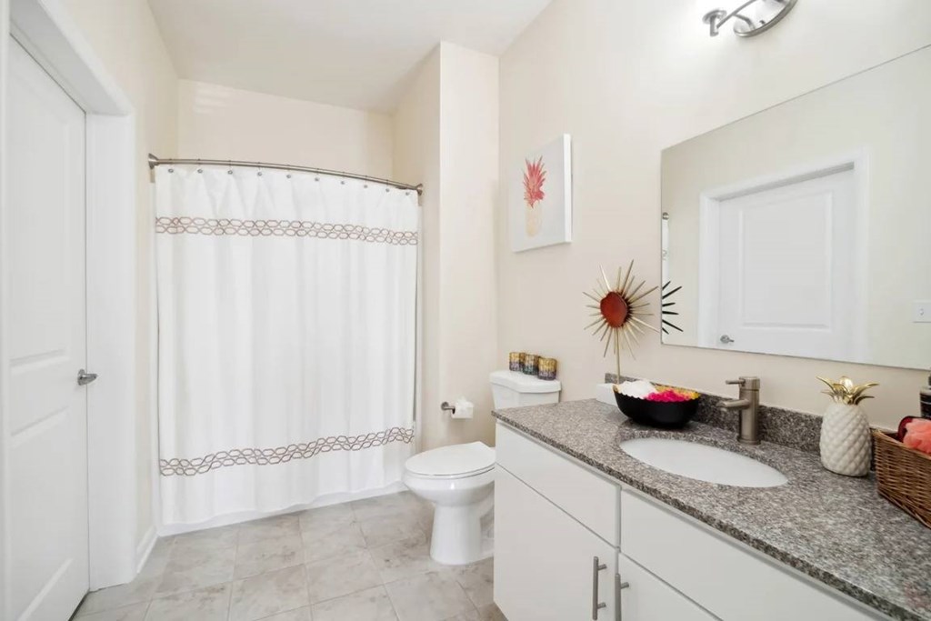 A bathroom with a white toilet, sink, and shower curtain.at Century Bridges, Roanoke, VA