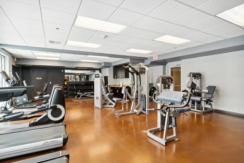 A gym with treadmills, weights, and exercise machines.at Century Bridges, Roanoke, 24016